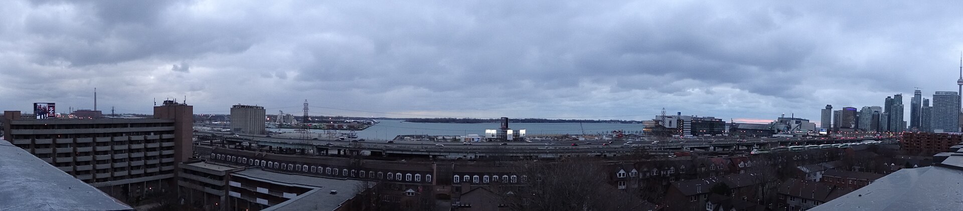 Toronto skyline at dusk from across the harbour